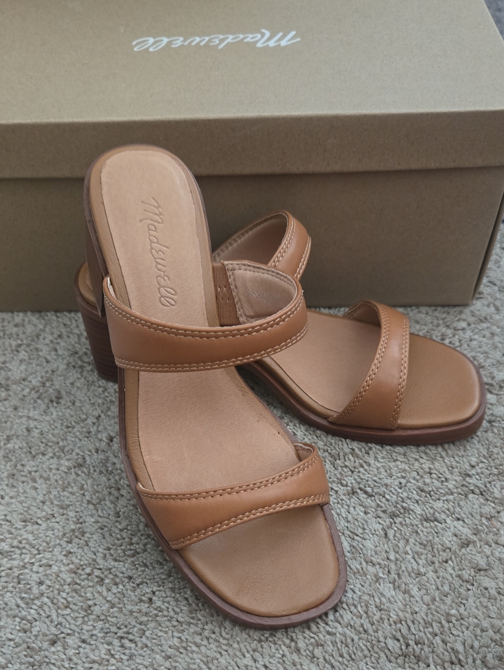 Madewell Tan Leather Two-Band Block Heel Mules